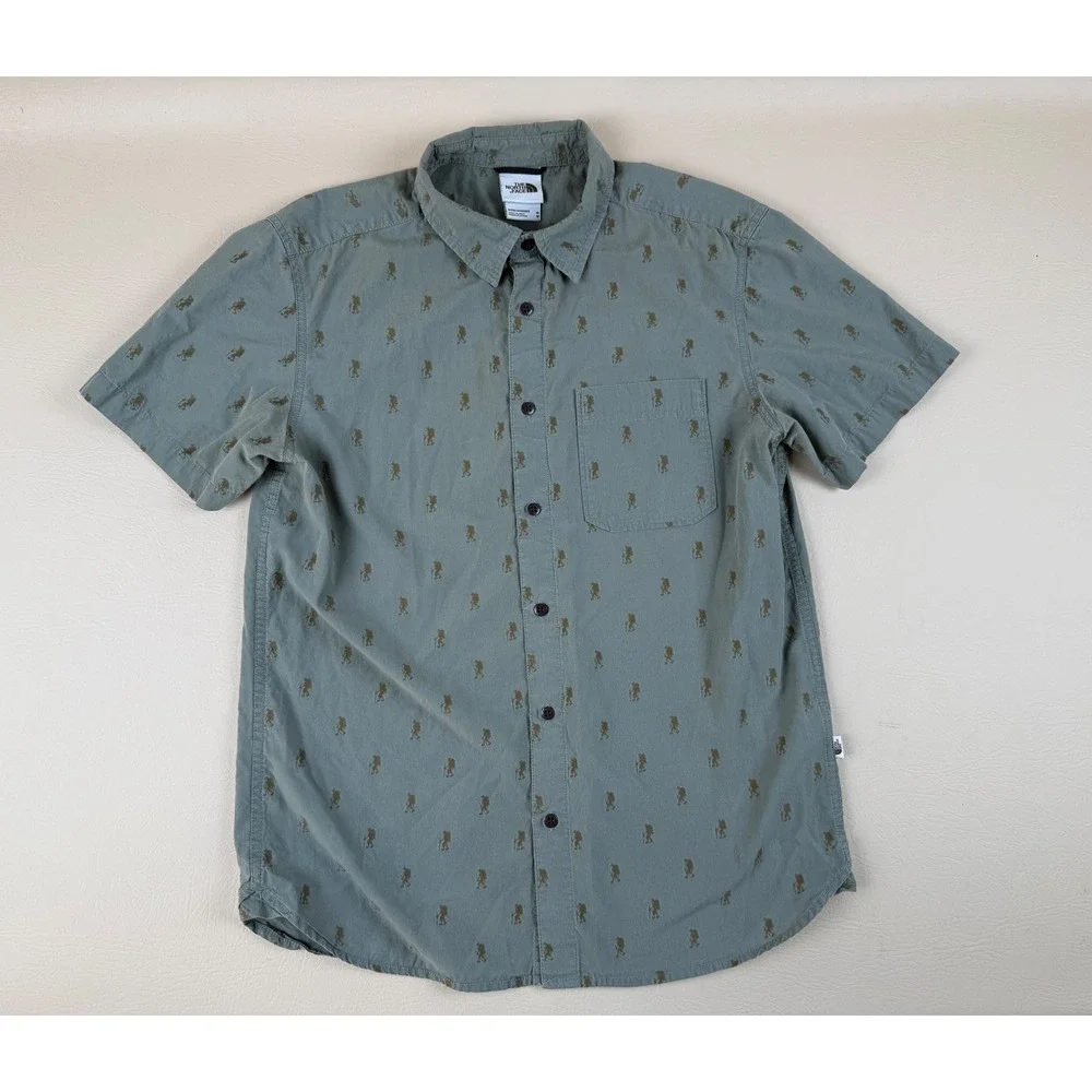 The North Face Medium Button Up Shirt Hiker Print Cotton Sage Green Pocket
